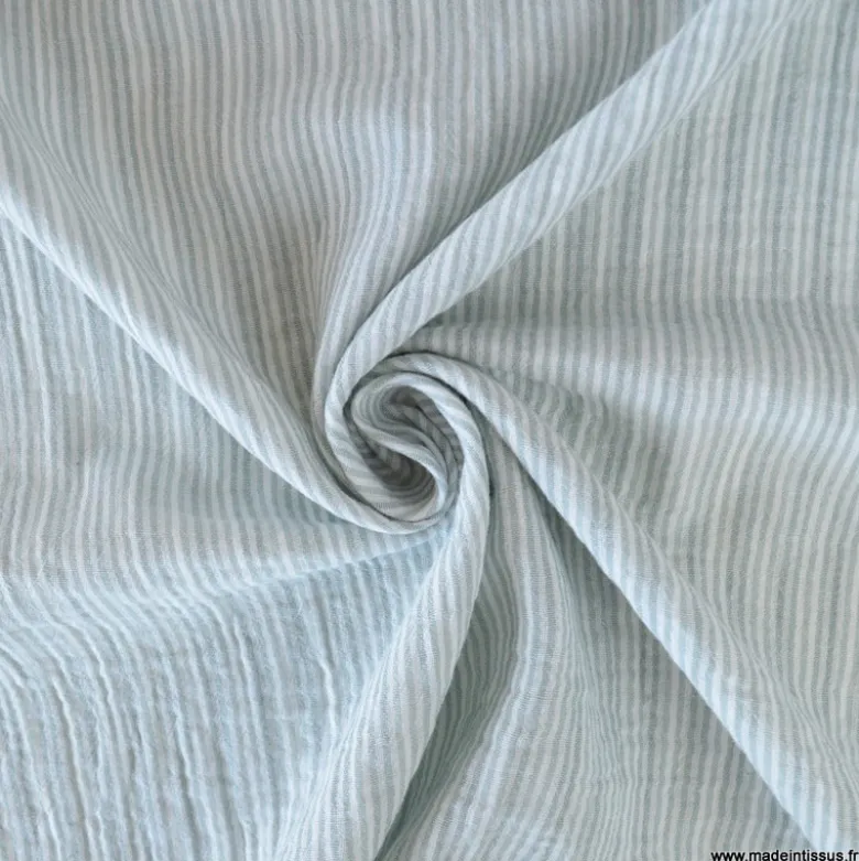 Tissu Double gaze réversible à rayures vert de gris - OEKO TEX