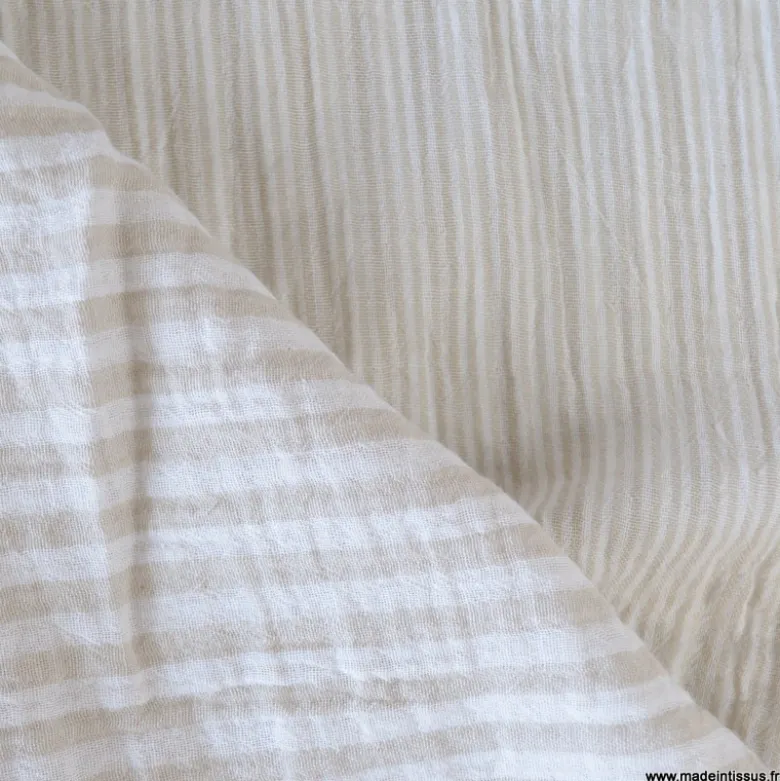 Tissu Double gaze réversible à rayures Galet - OEKO TEX