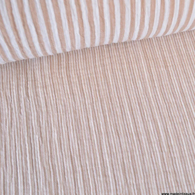 Tissu Double gaze réversible à rayures Caramel - OEKO TEX