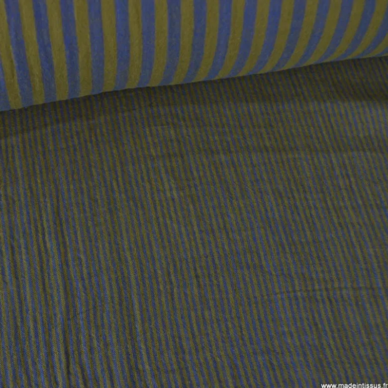 Tissu Double gaze réversible à rayures Bronze et Cobalt - OEKO TEX