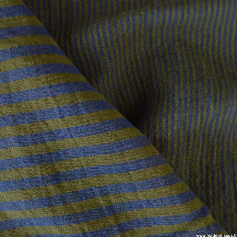 Tissu Double gaze réversible à rayures Bronze et Cobalt - OEKO TEX