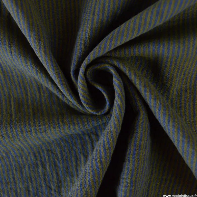 Tissu Double gaze réversible à rayures Bronze et Cobalt - OEKO TEX