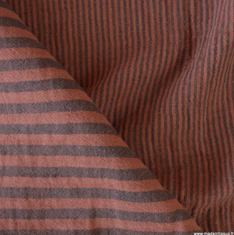 Tissu Double gaze réversible à rayures Charbon et Toffee - OEKO TEX