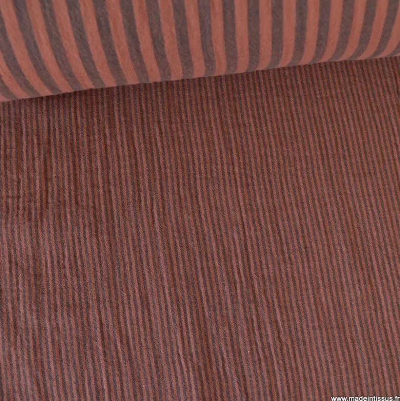 Tissu Double gaze réversible à rayures Charbon et Toffee - OEKO TEX