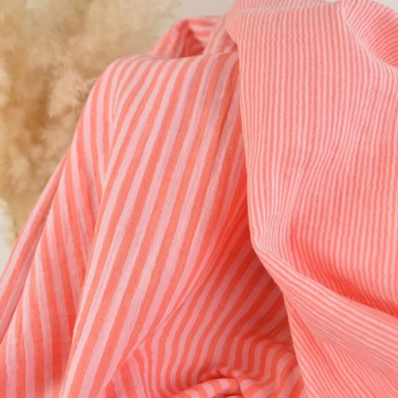 Tissu Double gaze réversible à rayures Rose et cerise - OEKO TEX