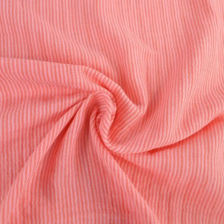 Tissu Double gaze réversible à rayures Rose et cerise - OEKO TEX