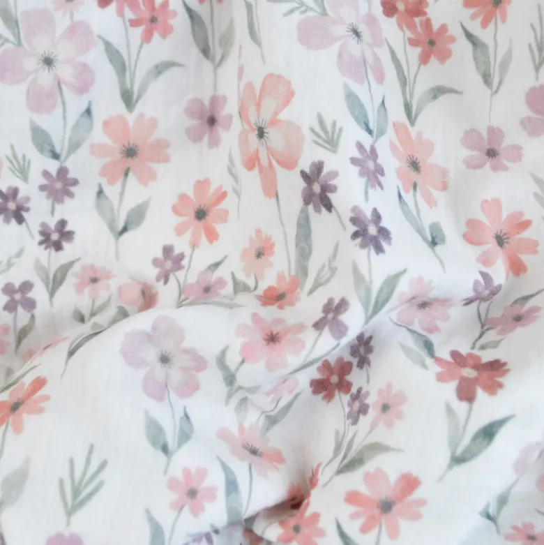 Tissu double gaze Séraphin motif fleurs fond blanc - OEKO TEX