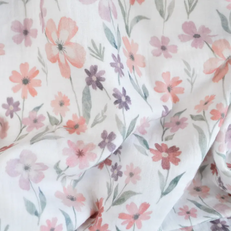 Tissu double gaze Séraphin motif fleurs fond blanc - OEKO TEX