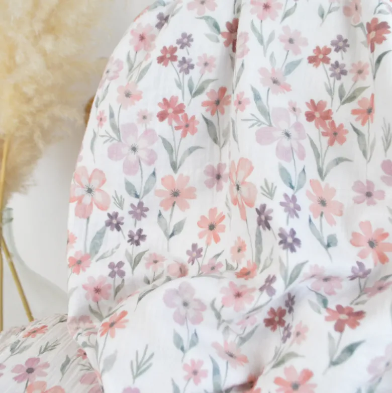 Tissu double gaze Séraphin motif fleurs fond blanc - OEKO TEX