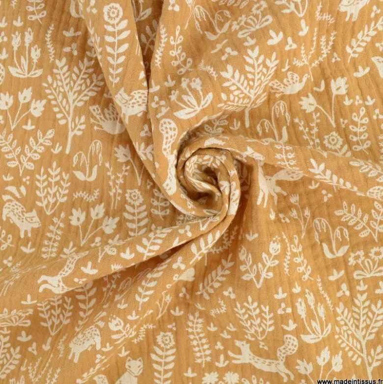 Tissu Double gaze Tolly motif animaux et feuillage fond Camel - OEKO TEX