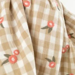 Tissu Double gaze vichy beige brodée fleurs corail - OEKO TEX