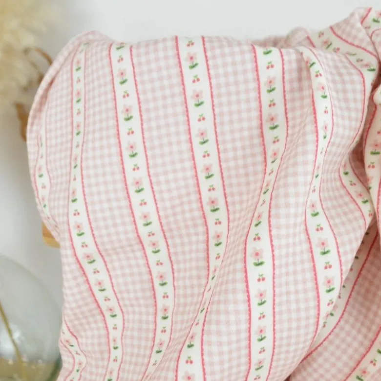 Tissu double gaze Vichy et rayures de fleurs Rose - OEKO TEX