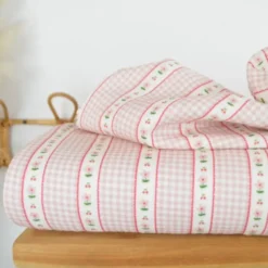 Tissu double gaze Vichy et rayures de fleurs Rose - OEKO TEX