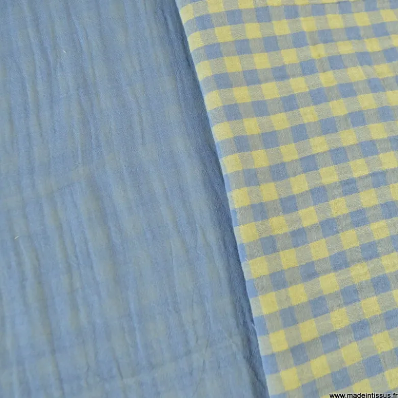 Tissu Double gaze Vichy réversible Baltique et Lemon - OEKO TEX