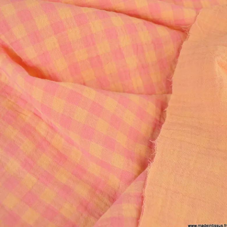 Tissu Double gaze Vichy réversible Sorbet et Melon - OEKO TEX