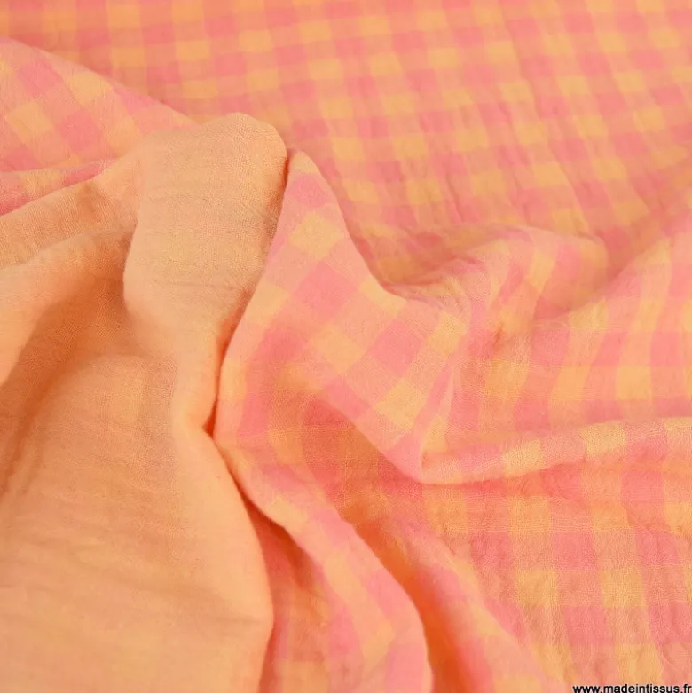 Tissu Double gaze Vichy réversible Sorbet et Melon - OEKO TEX