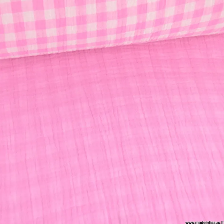 Tissu Double gaze Vichy réversible Bonbon et blanc cassé - OEKO TEX