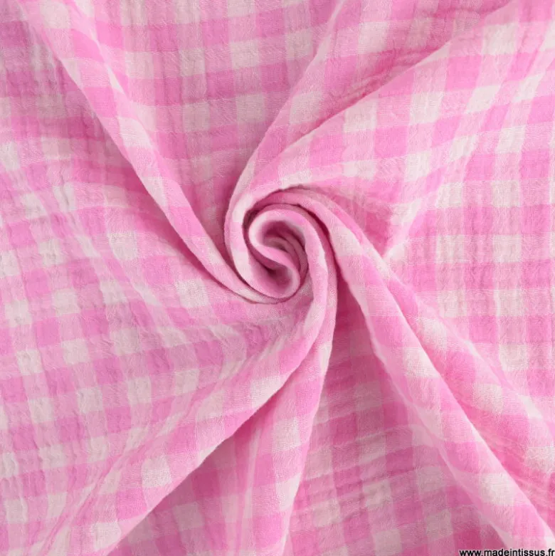 Tissu Double gaze Vichy réversible Bonbon et blanc cassé - OEKO TEX