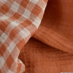 Tissu Double gaze Vichy réversible Cognac et blanc cassé - OEKO TEX