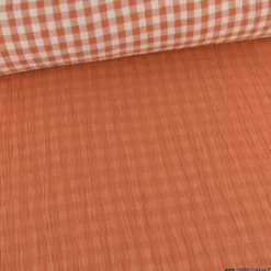 Tissu Double gaze Vichy réversible Cognac et blanc cassé - OEKO TEX