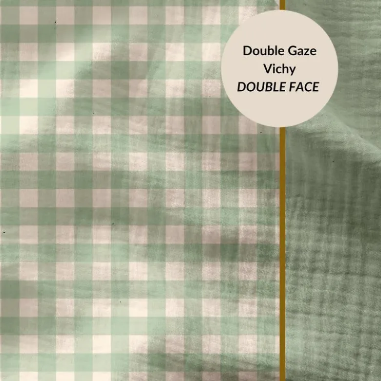 Tissu Double gaze Vichy réversible Vert de gris et blanc cassé - OEKO TEX