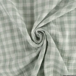 Tissu Double gaze Vichy réversible Vert de gris et blanc cassé - OEKO TEX