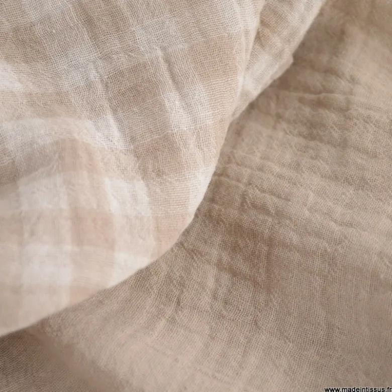Tissu Double gaze Vichy réversible Galet et blanc cassé - OEKO TEX