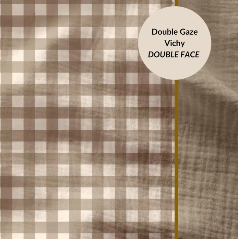 Tissu Double gaze Vichy réversible Galet et blanc cassé - OEKO TEX