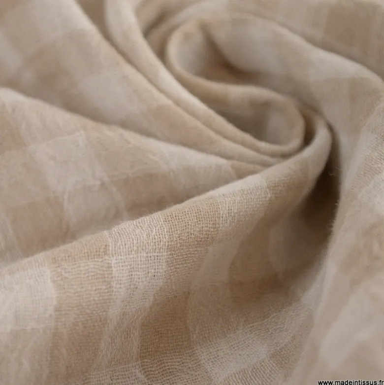 Tissu Double gaze Vichy réversible Galet et blanc cassé - OEKO TEX