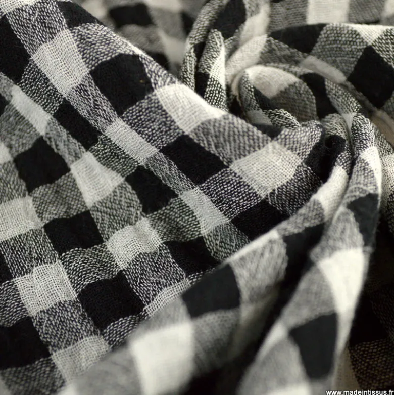 Tissu Double gaze Vichy réversible Noir et blanc cassé - OEKO TEX