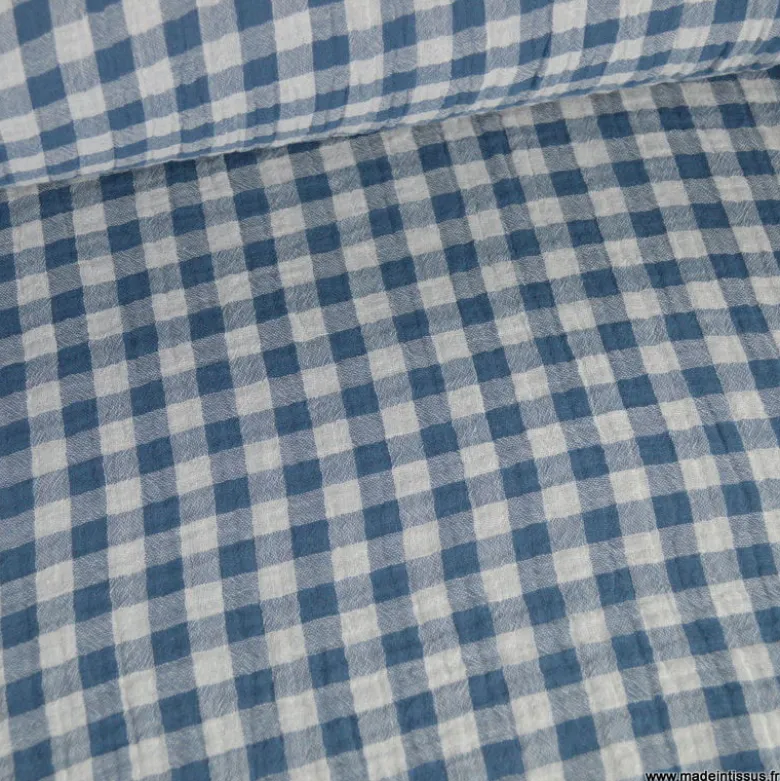 Tissu Double gaze Vichy réversible Pierre bleue et blanc cassé - OEKO TEX