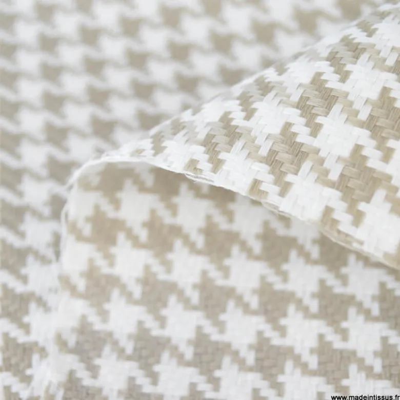 Tissu extérieur etanche polypro pied de poule beige et blanc