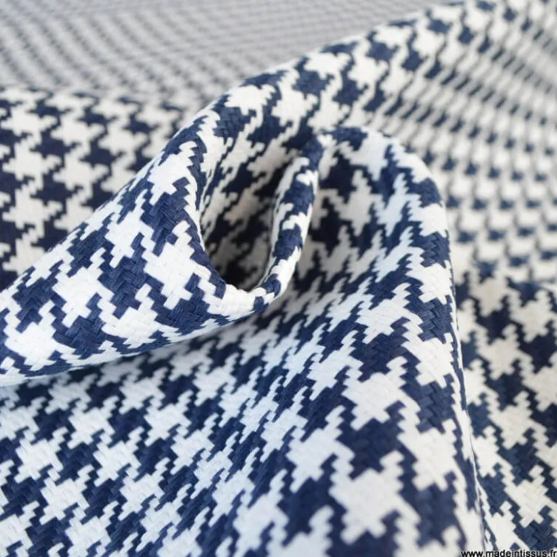 Tissu extérieur etanche polypro pied de poule bleu marine