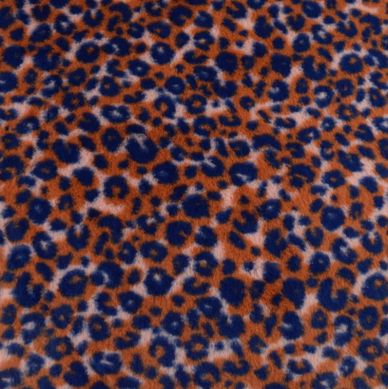 Tissu fausse fourrure rabbit motif Léopard Orange et bleu