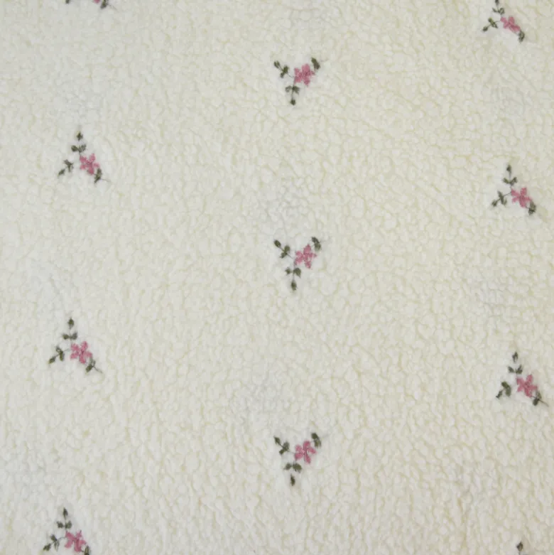 Tissu Fausse Fourrure Sherpa Manon brodée fleurs roses fond écru - OEKO TEX