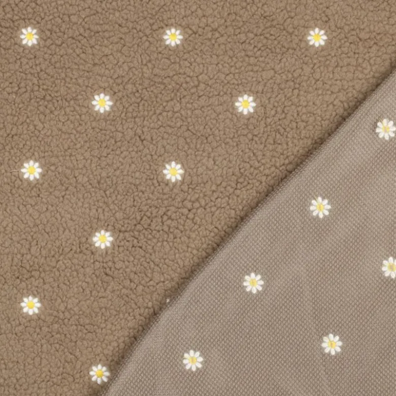 Tissu Fausse Fourrure Sherpa brodée fleurs - Taupe