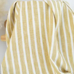 Tissu fluide polyester aspect Lin à rayures Ocre et blanc