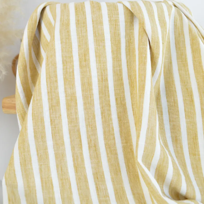 Tissu fluide polyester aspect Lin à rayures Ocre et blanc