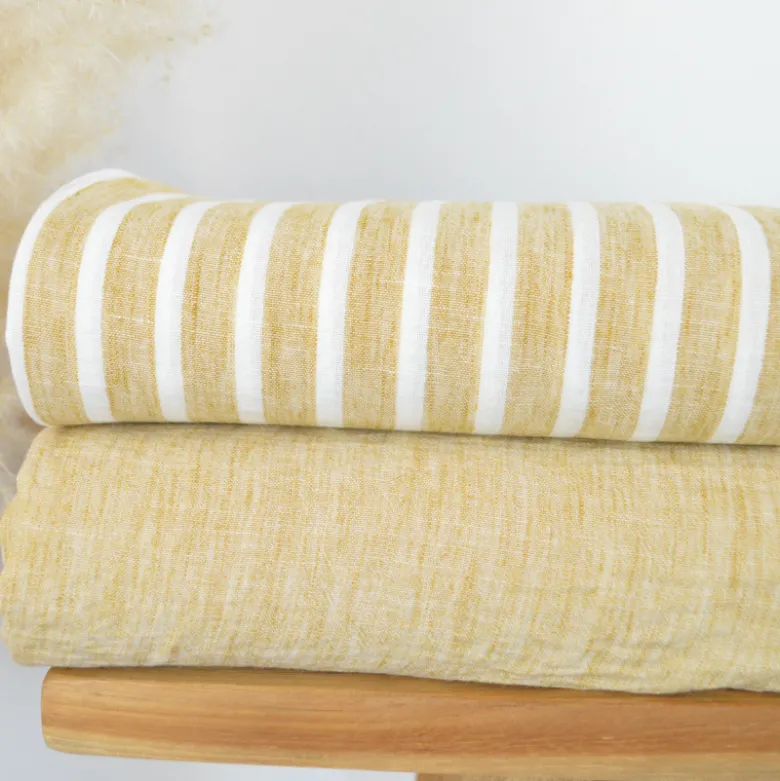Tissu fluide polyester aspect Lin à rayures Ocre et blanc