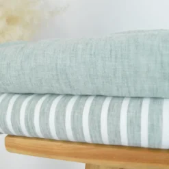 Tissu fluide polyester aspect Lin à rayures vert olive et blanc
