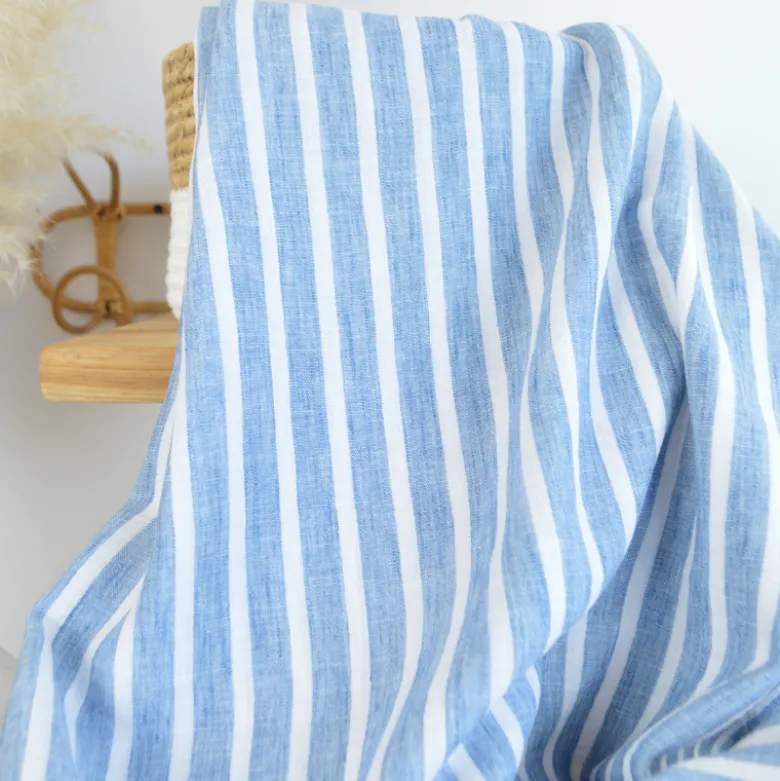 Tissu fluide polyester aspect Lin à rayures Bleu et blanc