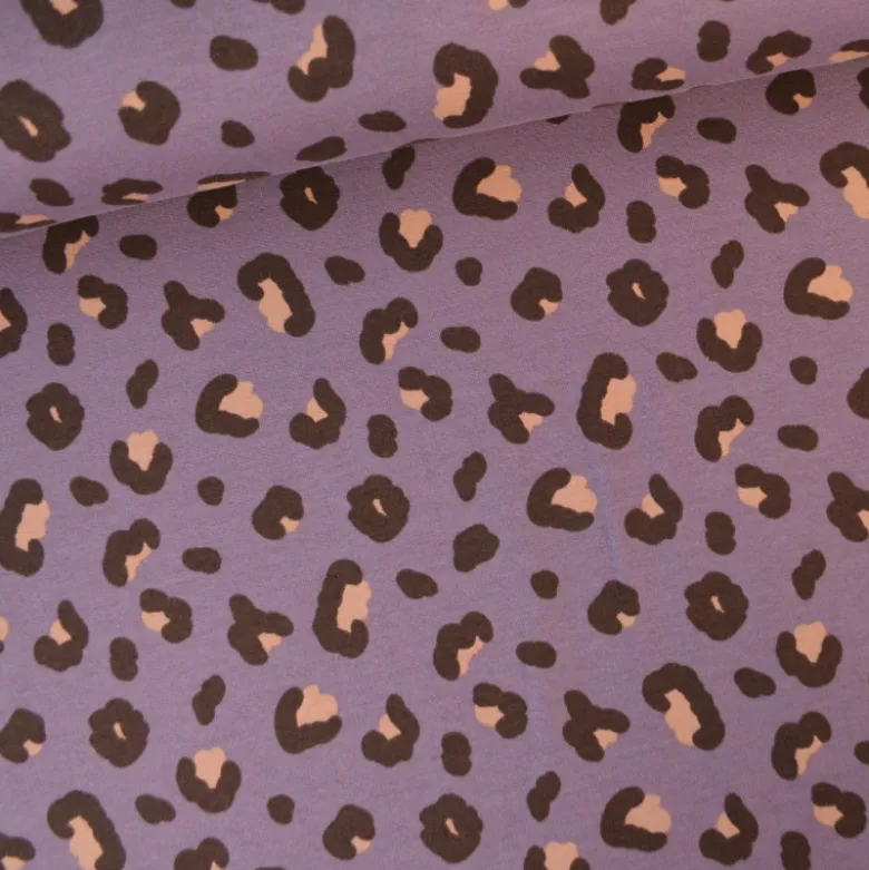 Tissu French Terry coton – Motif léopard fond parme - OEKO TEX