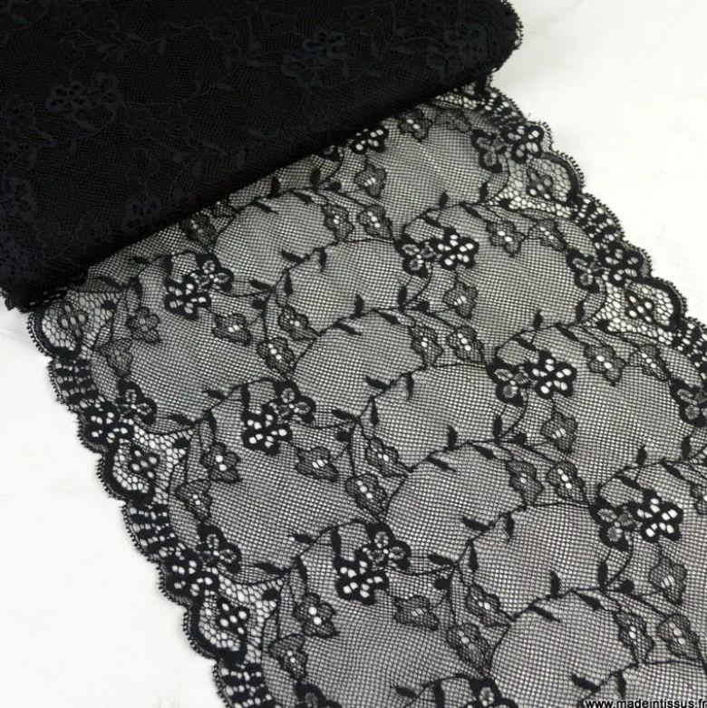 Tissu Galon dentelle noire élasthanne - 23 cm de large