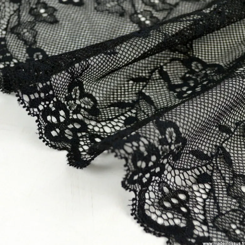 Tissu Galon dentelle noire élasthanne - 23 cm de large