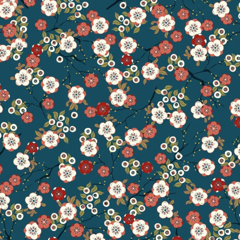 Tissu Hokkaido en coton imprimé fleurs japonaises fond Pétrole