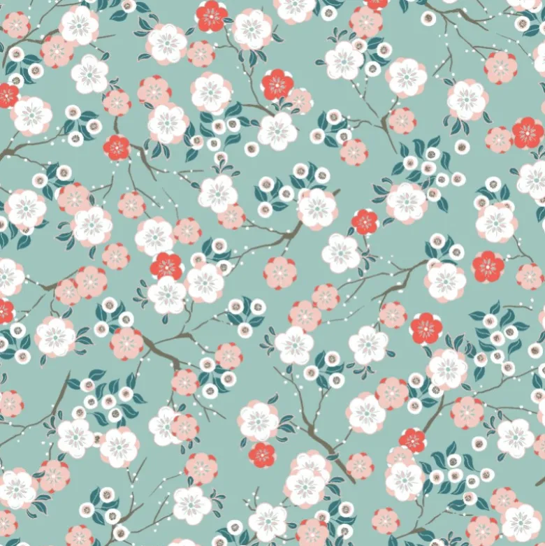 Tissu Hokkaido en coton imprimé fleurs japonaises fond ciel