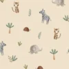 Tissu imperméable type ciré motif animaux et palmiers fond beige