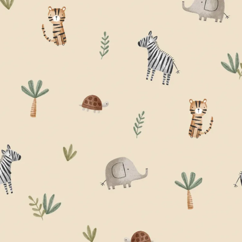 Tissu imperméable type ciré motif animaux et palmiers fond beige