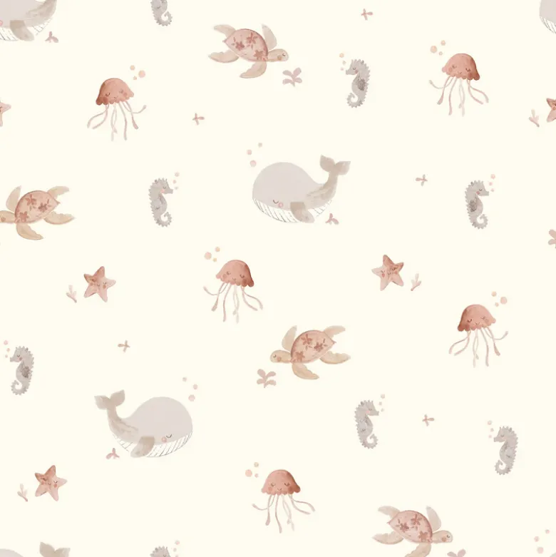 Tissu imperméable type ciré motif animaux de la mer fond blanc cassé