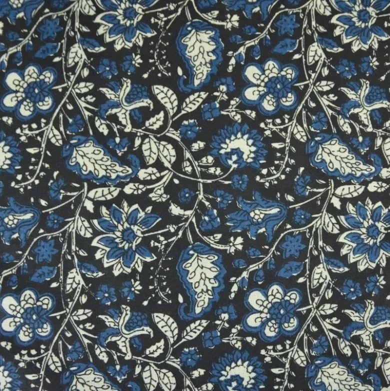 Tissu Indien Block Print Balaram motif fleurs fond noir